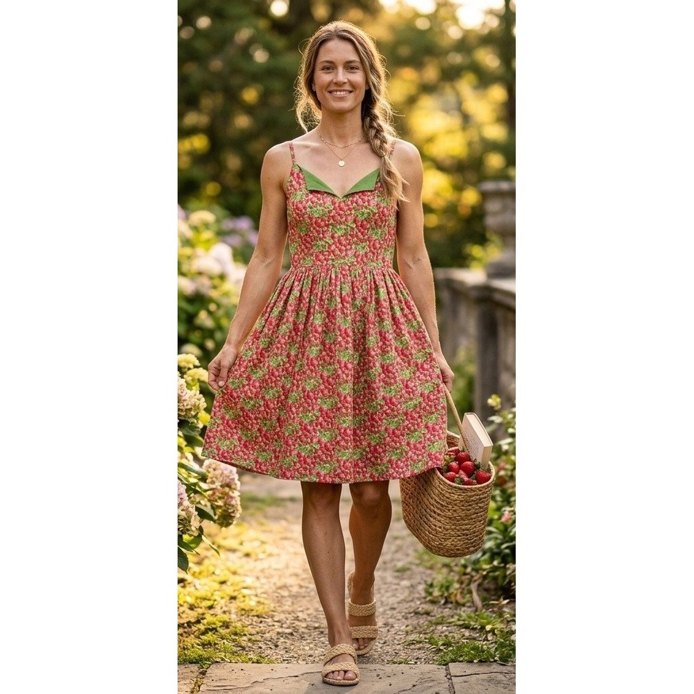 Aims & Elke Style Haus Strawberry Print Dress XL Red Green Cottagecore Picnic